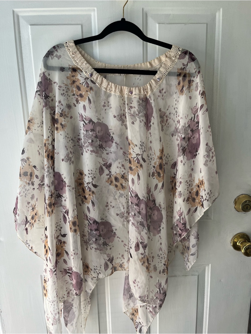 Handmade by Seller - One Size Sheer Poncho, Cream with Floral, Crochet, Beads